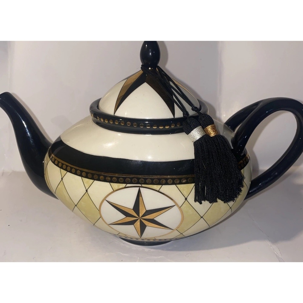 Mud Pie Gilded Gold Harlequin Nautical Star Gold Black Teapot